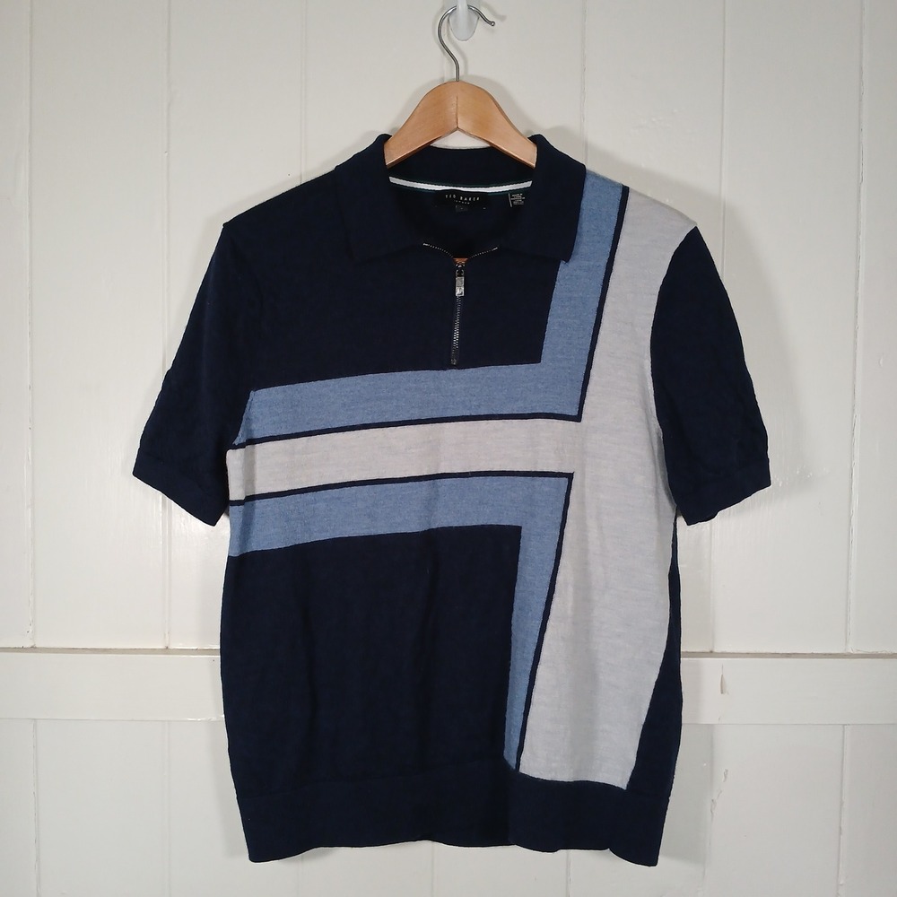 Ted Baker Wool Knit Polo Shirt Mens 4 Navy Blue Colorblock Quarter Zip Ambler